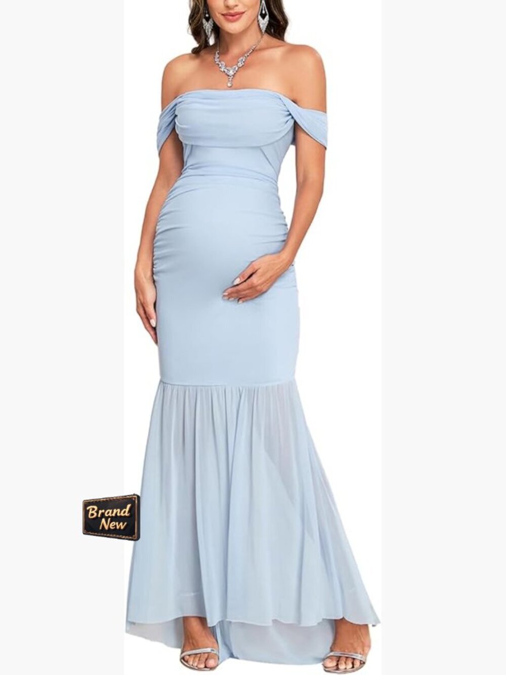 Off Shoulder Maternity Dress Mesh Mermaid Ruched Maxi Gown Baby Shower Wedding